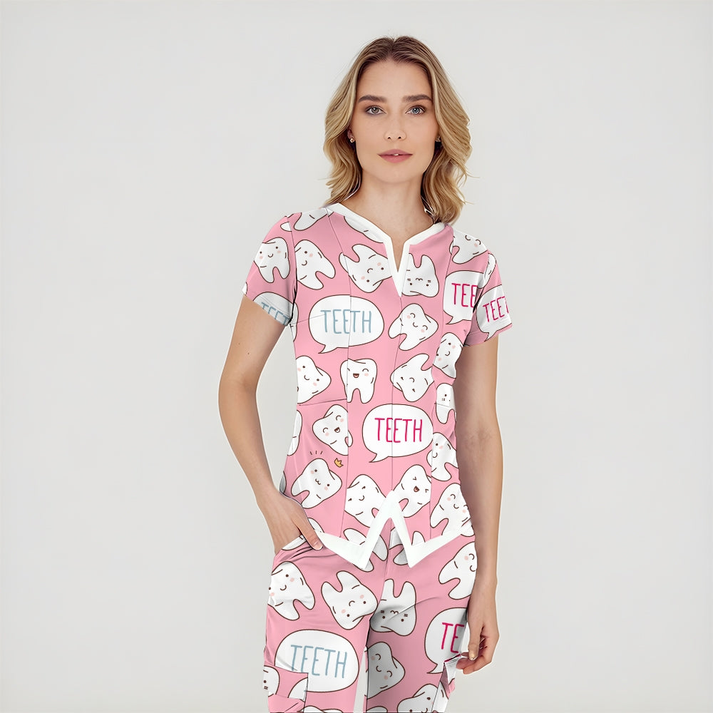 Women's Cute Tooth Care Print Scrub Set JTT02