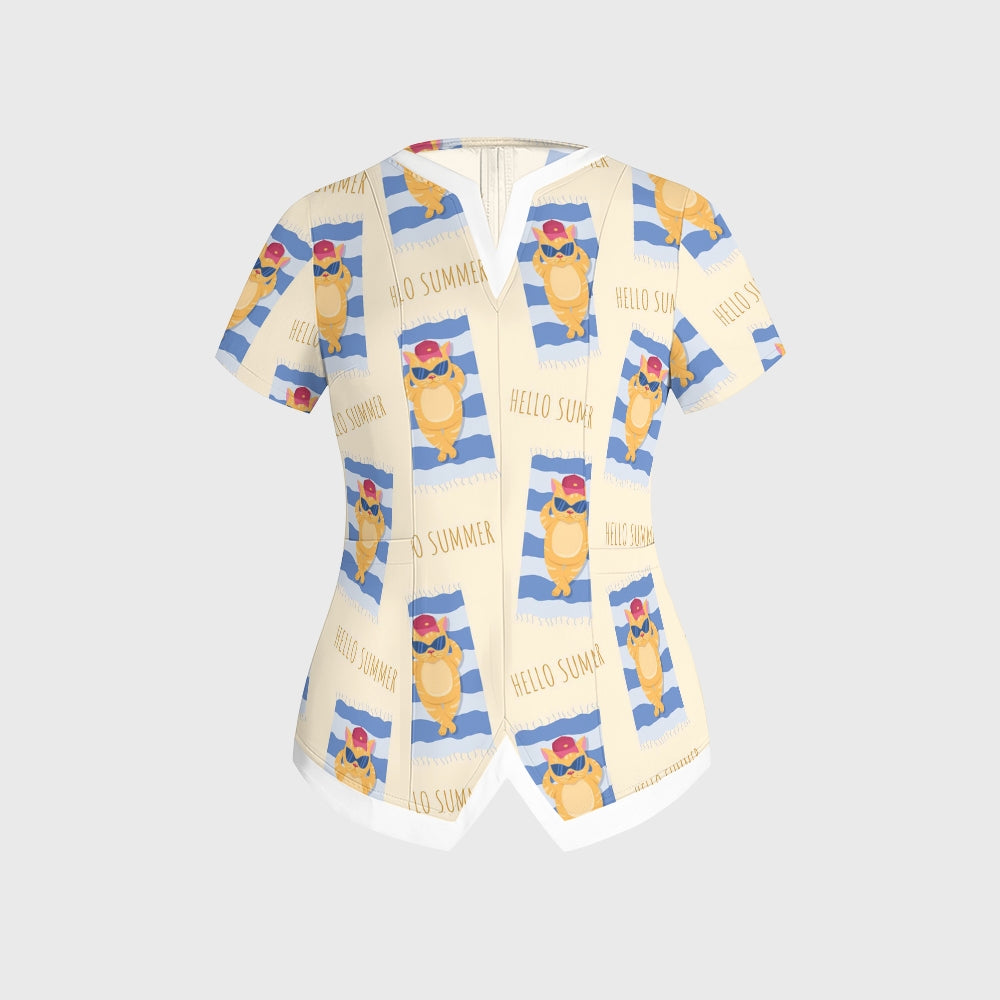 Women's Puff Sleeves Cute Animals Printed Scrub Set SAA23