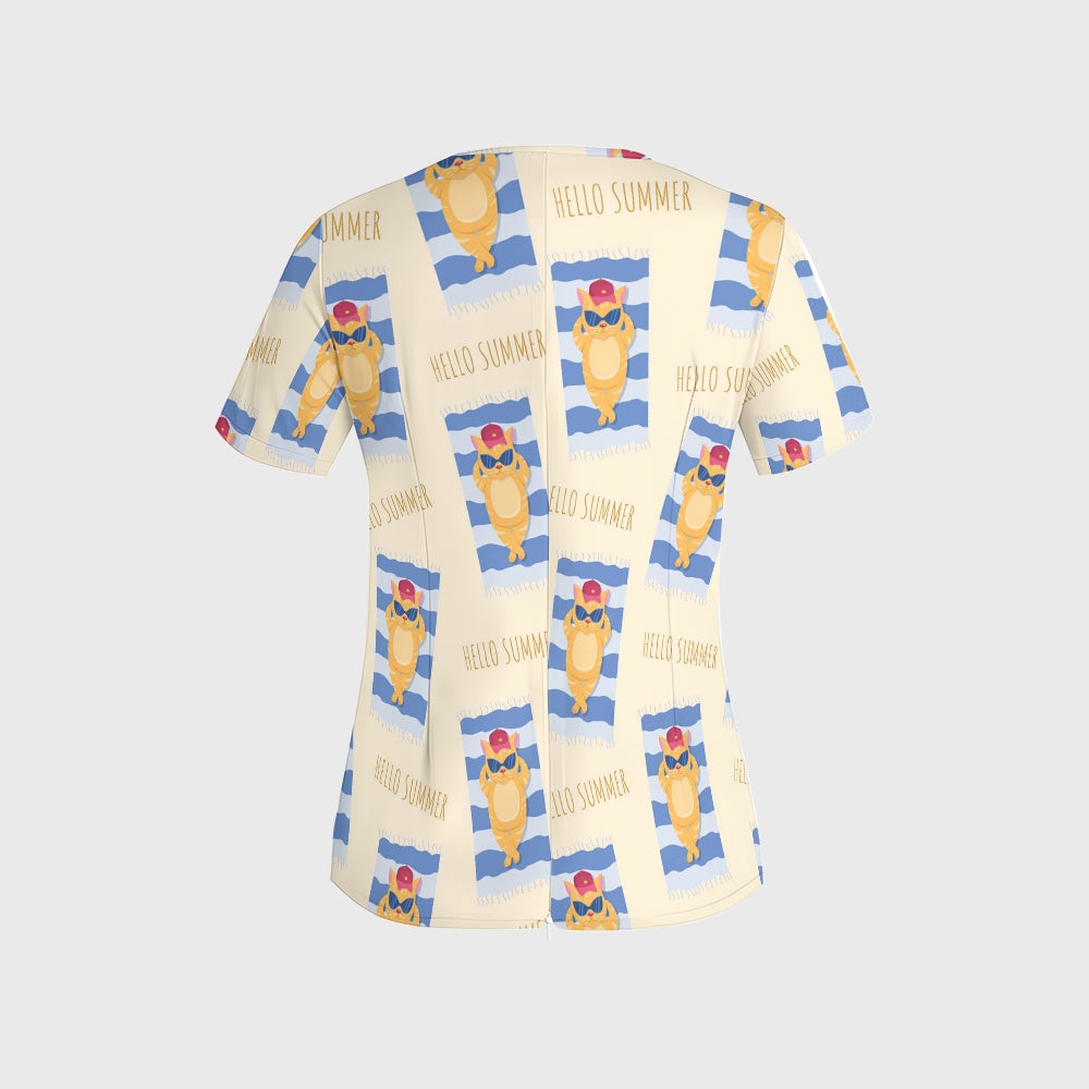 Women's Puff Sleeves Cute Animals Printed Scrub Set SAA23
