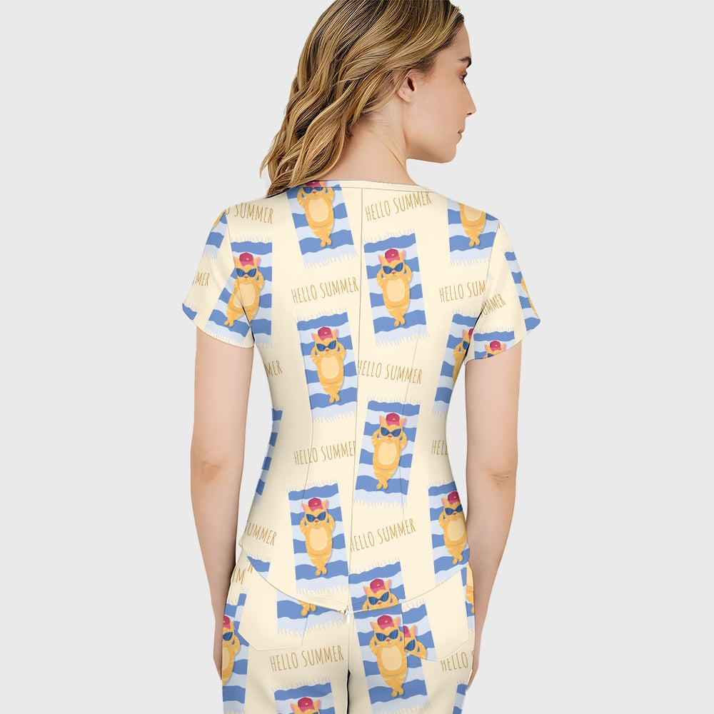 Women's Puff Sleeves Cute Animals Printed Scrub Set SAA23