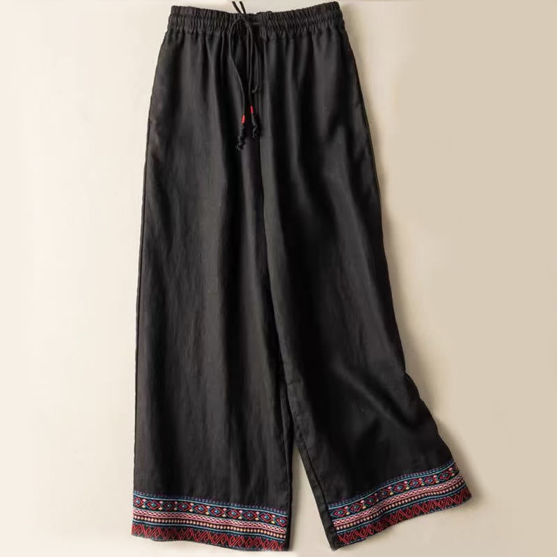 Plain Bohemian Stripes Women's Wide Leg Cotton Pants With Pockets