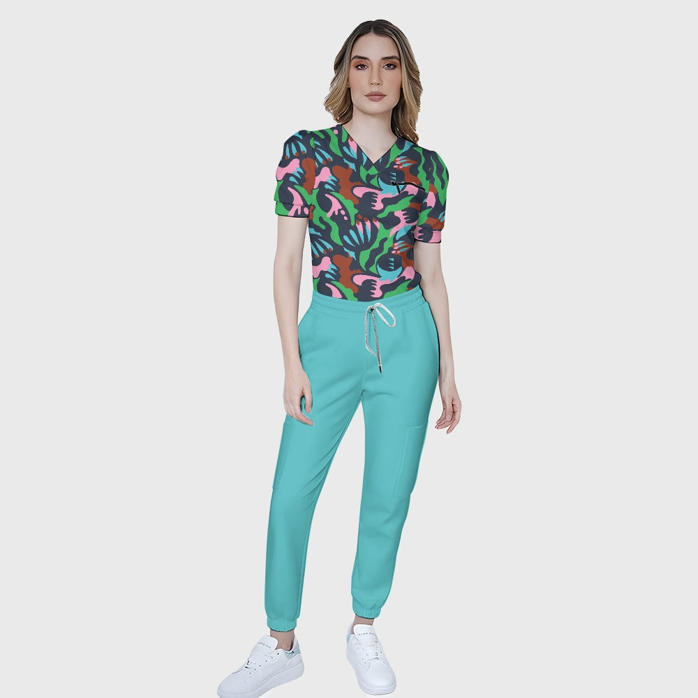 Women's Puff Sleeves Abstract Art  Scrub Set SAA3