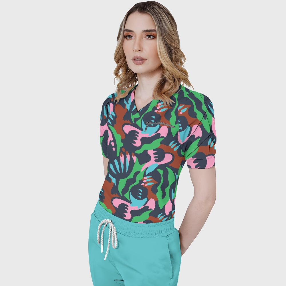 Women's Puff Sleeves Abstract Art  Scrub Set SAA3