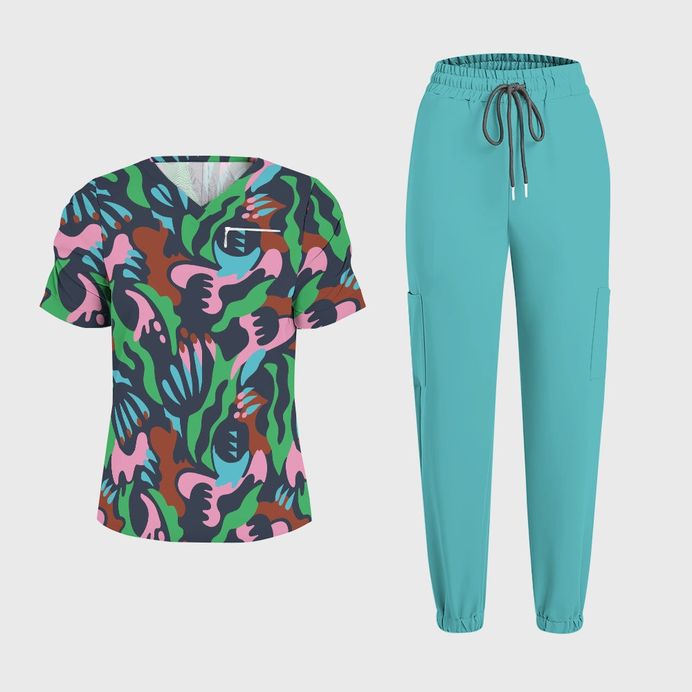 Women's Puff Sleeves Abstract Art  Scrub Set SAA3
