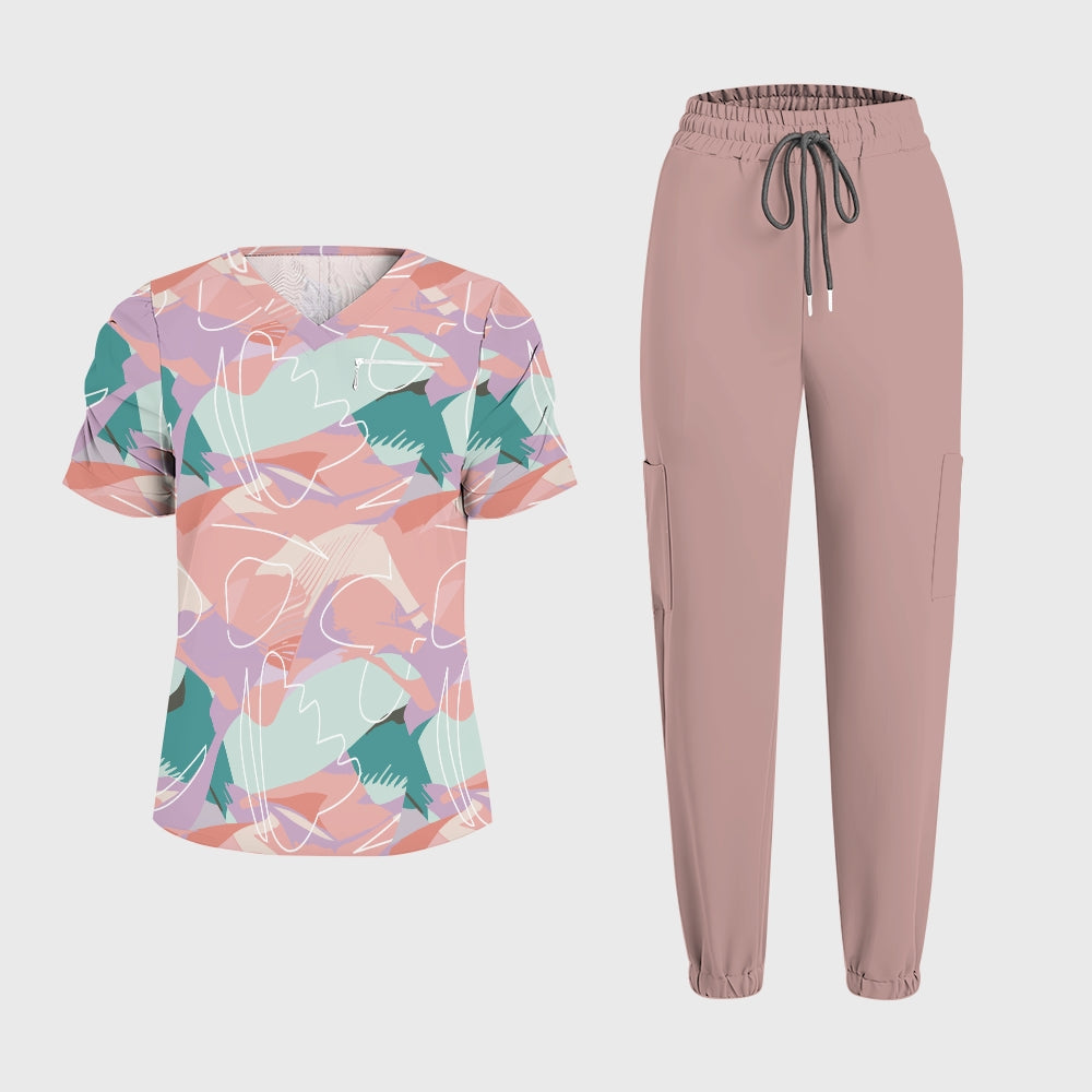 Women's Puff Sleeves Abstract Art  Scrub Set SAA4