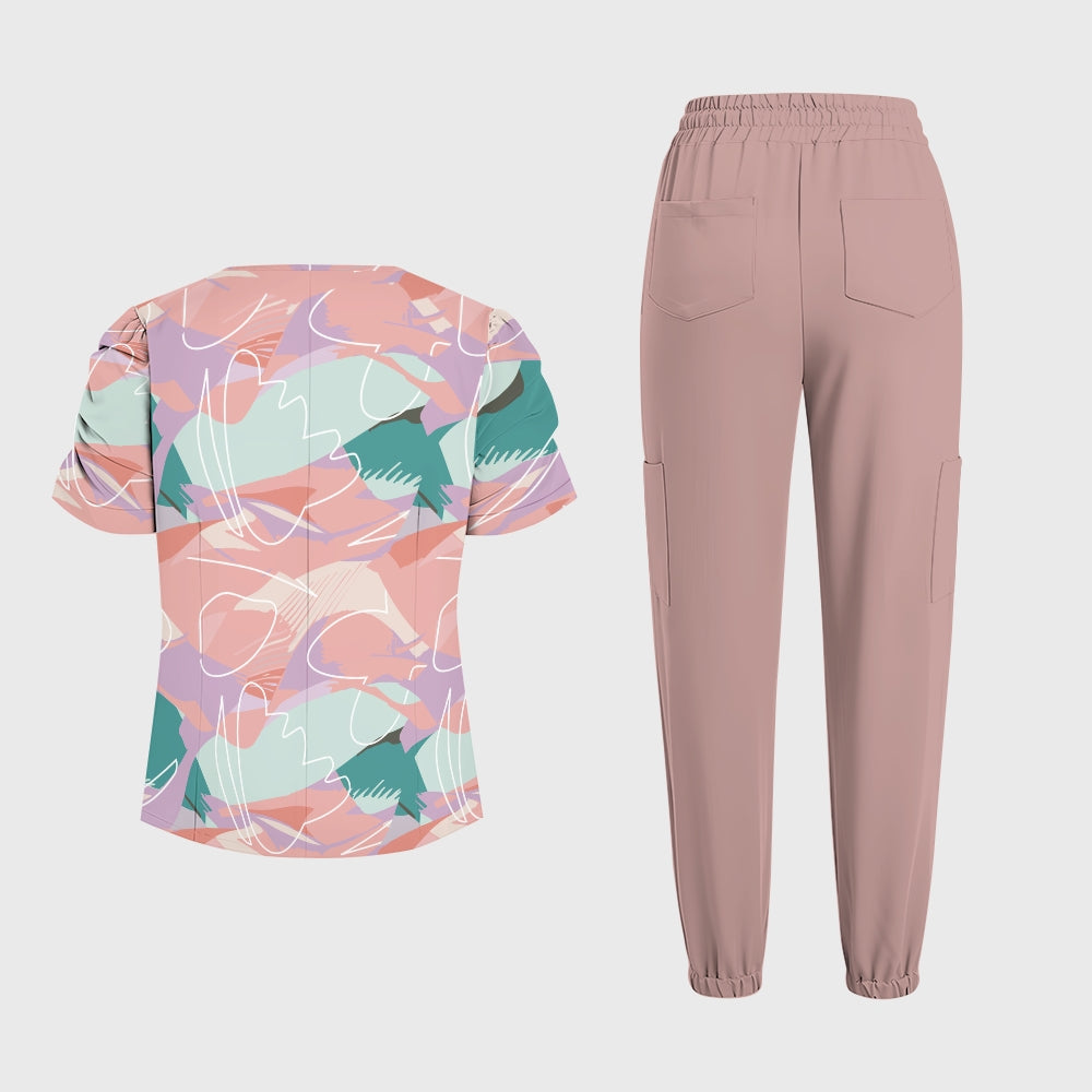 Women's Puff Sleeves Abstract Art  Scrub Set SAA4