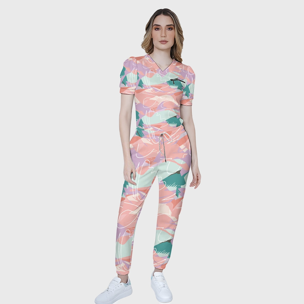 Women's Puff Sleeves Abstract Art  Scrub Set SAA5