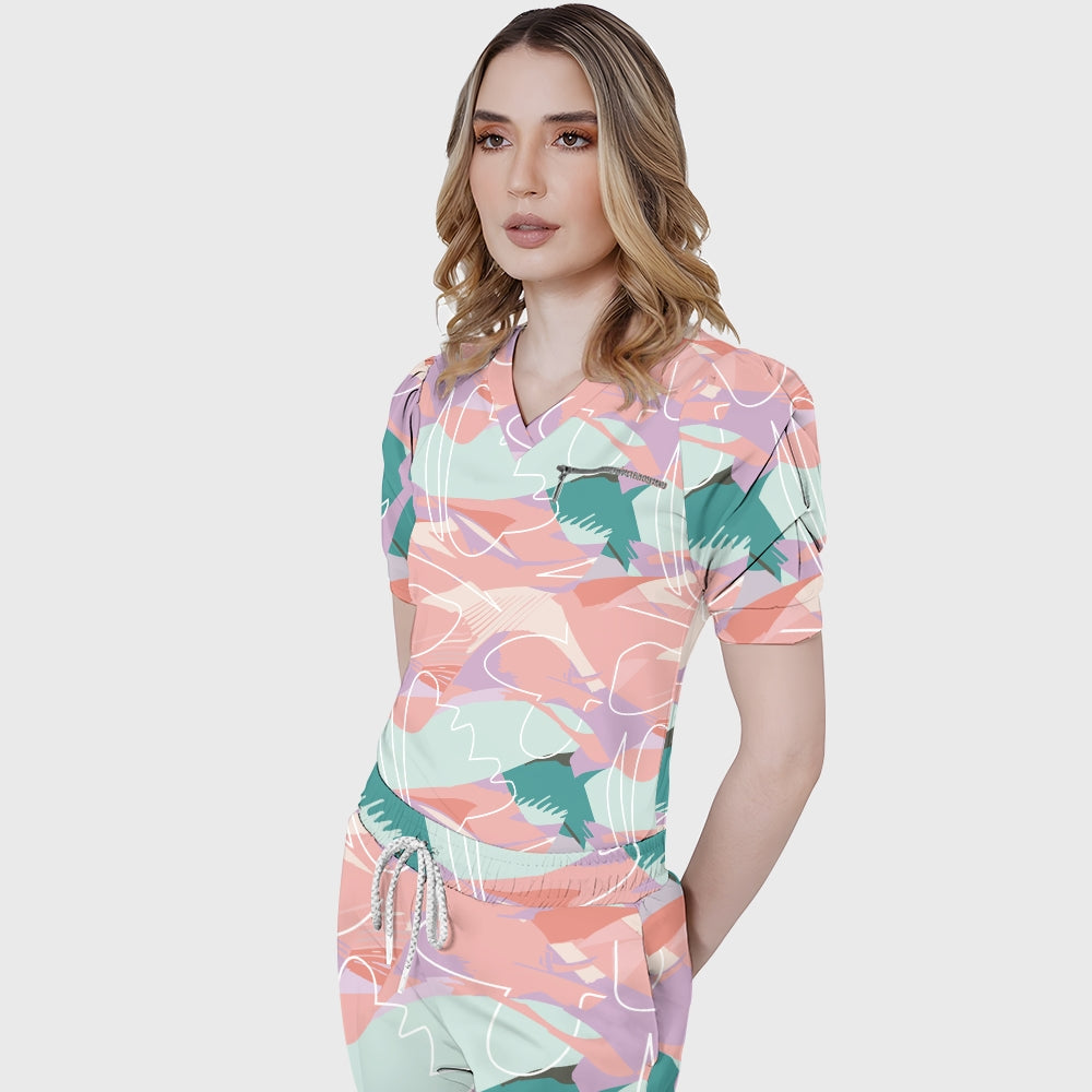 Women's Puff Sleeves Abstract Art  Scrub Set SAA5