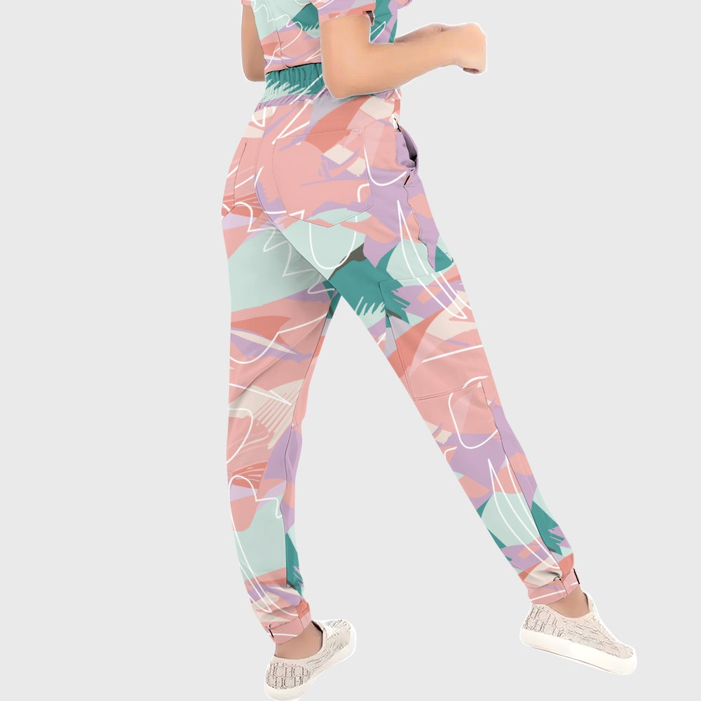 Women's Puff Sleeves Abstract Art  Scrub Set SAA5
