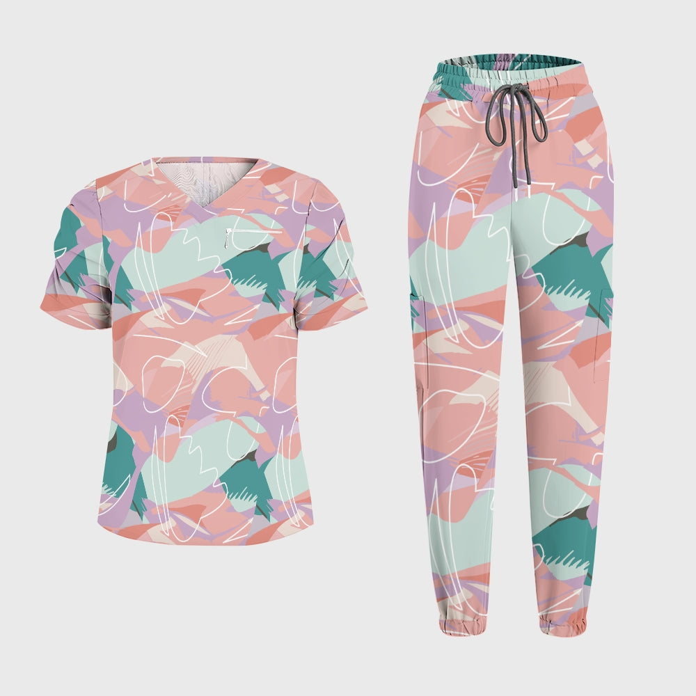 Women's Puff Sleeves Abstract Art  Scrub Set SAA5