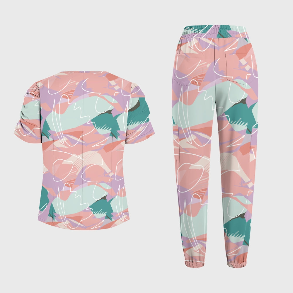 Women's Puff Sleeves Abstract Art  Scrub Set SAA5