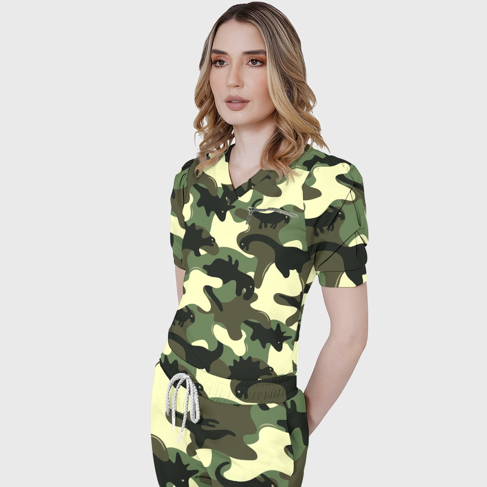 Women's Puff Sleeves Camouflage Scrub Set SAA7
