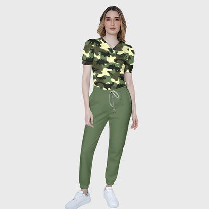 Women's Puff Sleeves Camouflage  Scrub Set SAA8