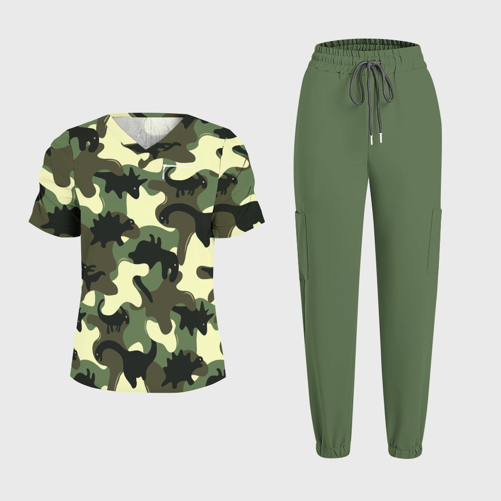 Women's Puff Sleeves Camouflage  Scrub Set SAA8