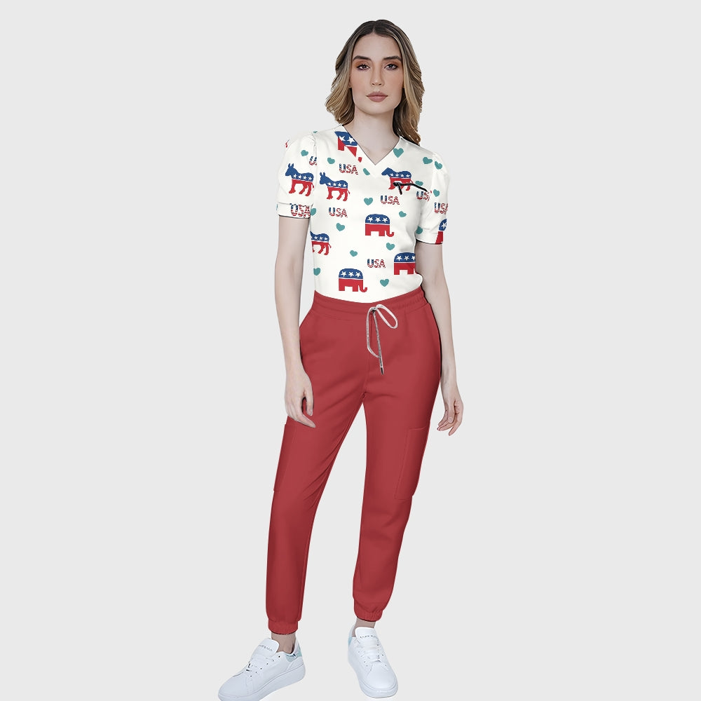Women's Puff Sleeves American Elements Printed Scrub Set SAA11