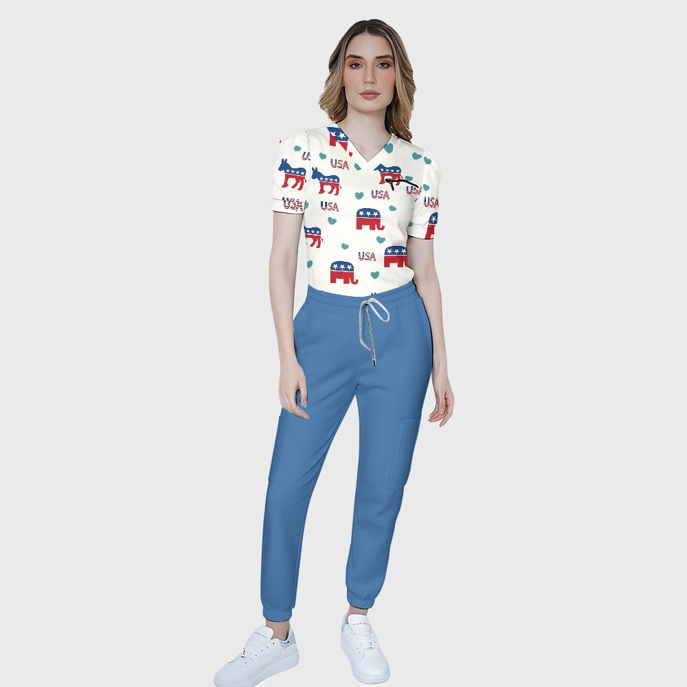 Women's Puff Sleeves American Elements Printed Scrub Set SAA14