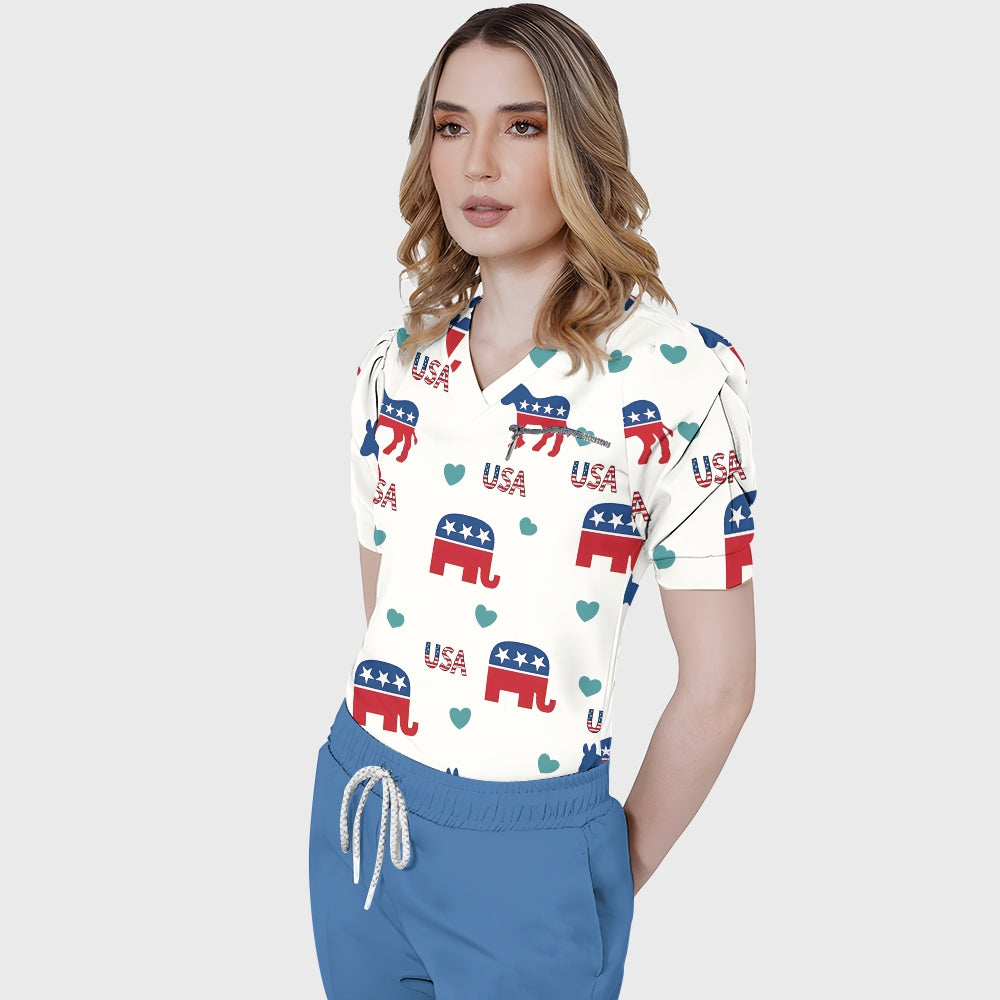 Women's Puff Sleeves American Elements Printed Scrub Set SAA14