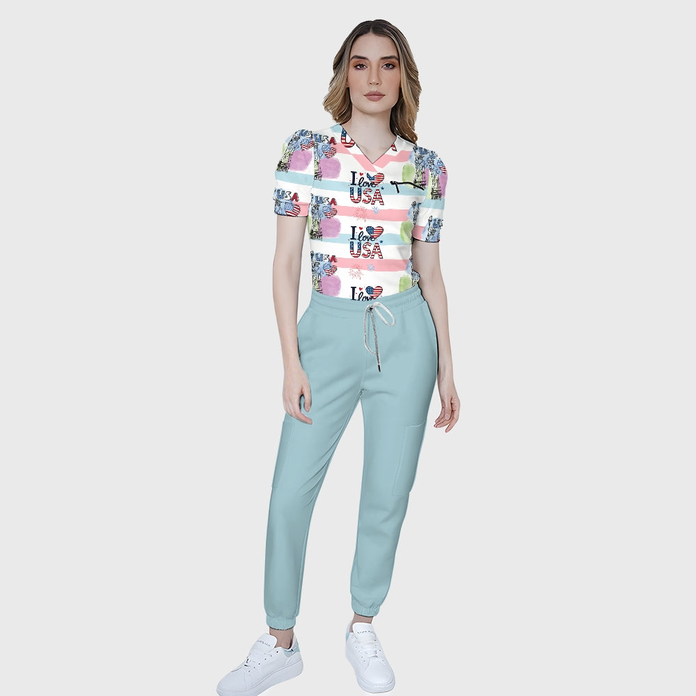 Women's Puff Sleeves American Elements Printed Scrub Set SAA17