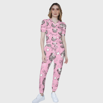 Women's Puff Sleeves Leopard Element Printed Scrub Set SAA18