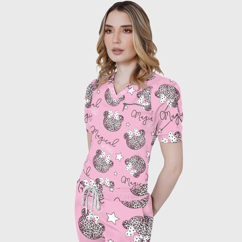 Women's Puff Sleeves Leopard Element Printed Scrub Set SAA18