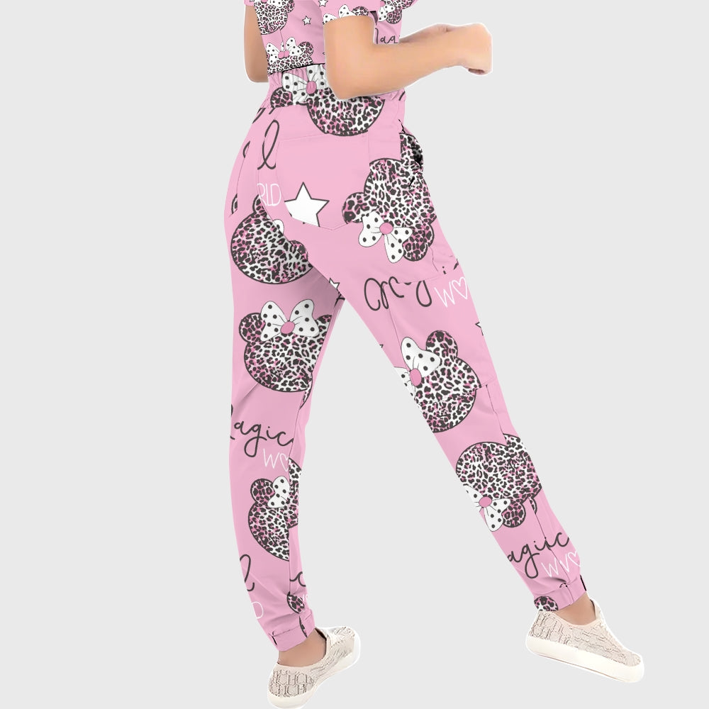 Women's Puff Sleeves Leopard Element Printed Scrub Set SAA18