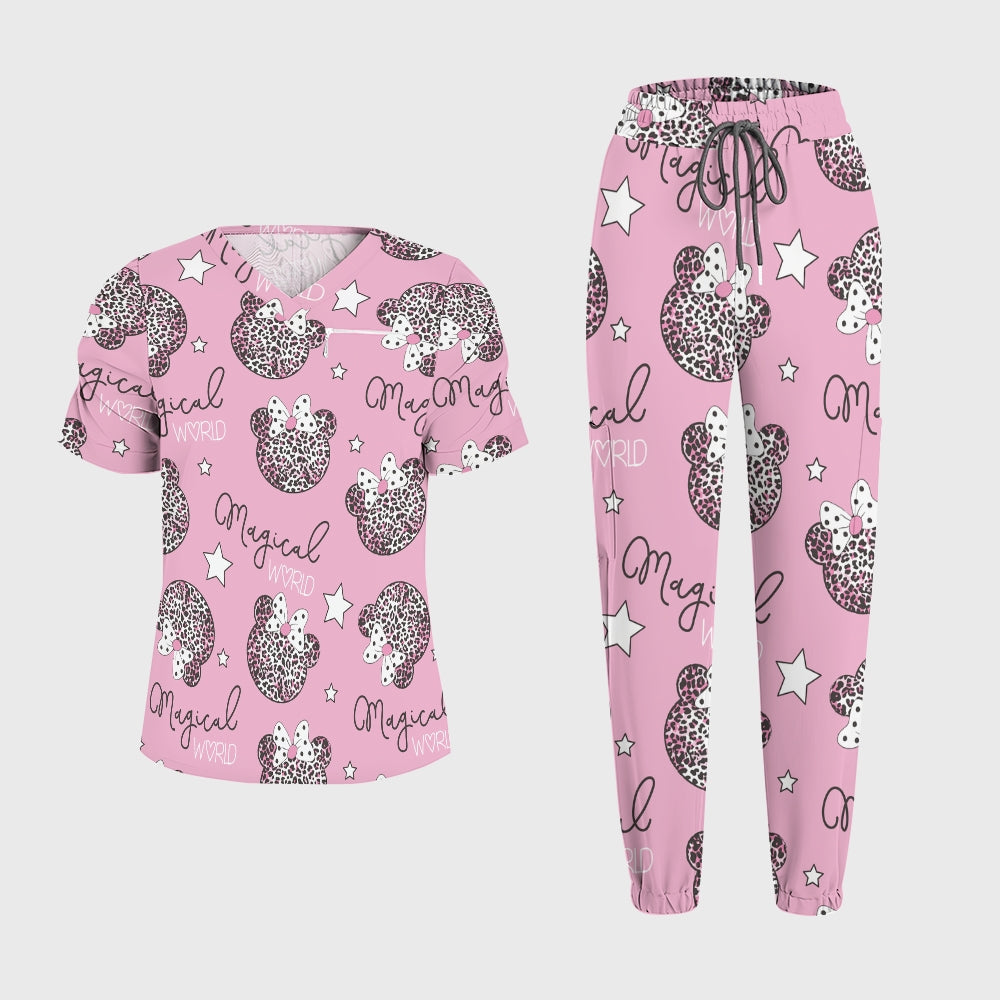 Women's Puff Sleeves Leopard Element Printed Scrub Set SAA18