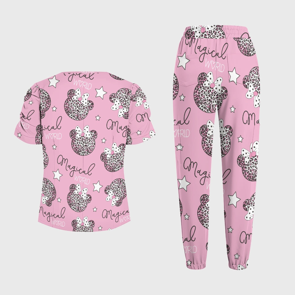 Women's Puff Sleeves Leopard Element Printed Scrub Set SAA18