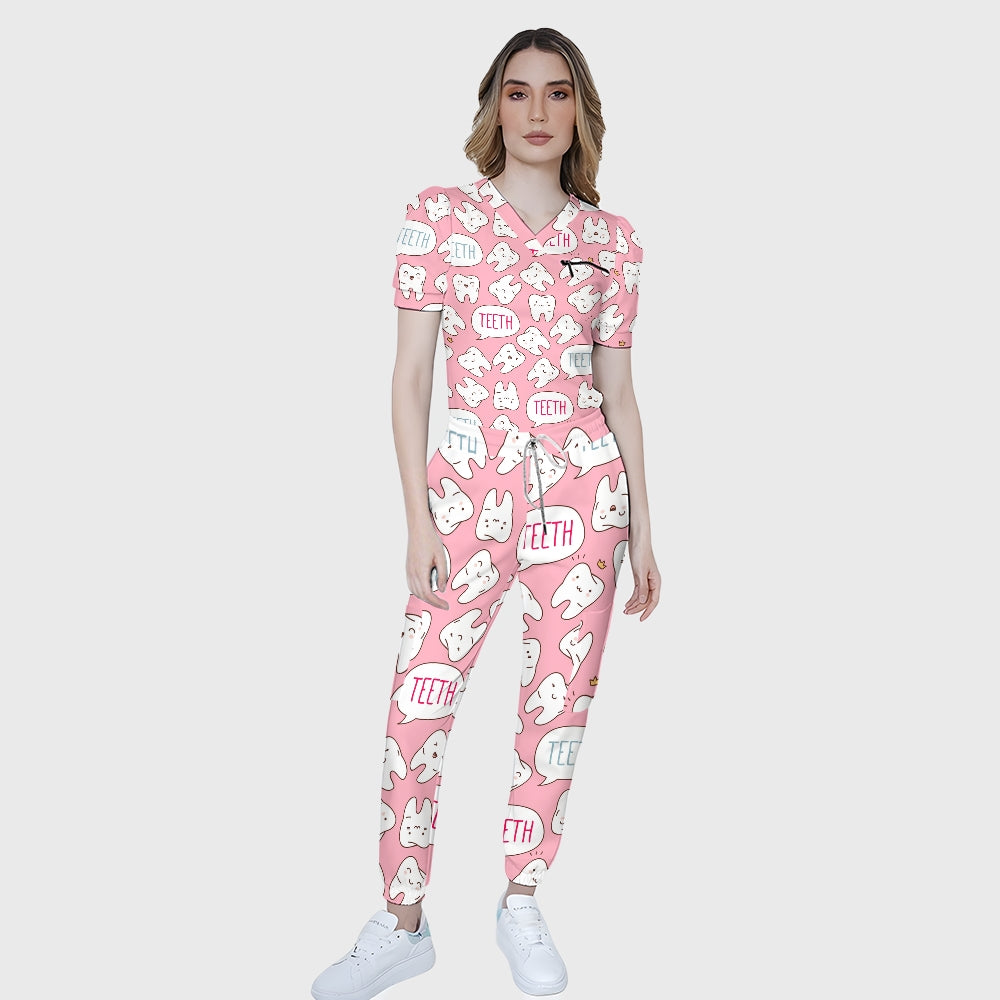 Women's Puff Sleeves Cute Teeth  Printed Scrub Set SAA20