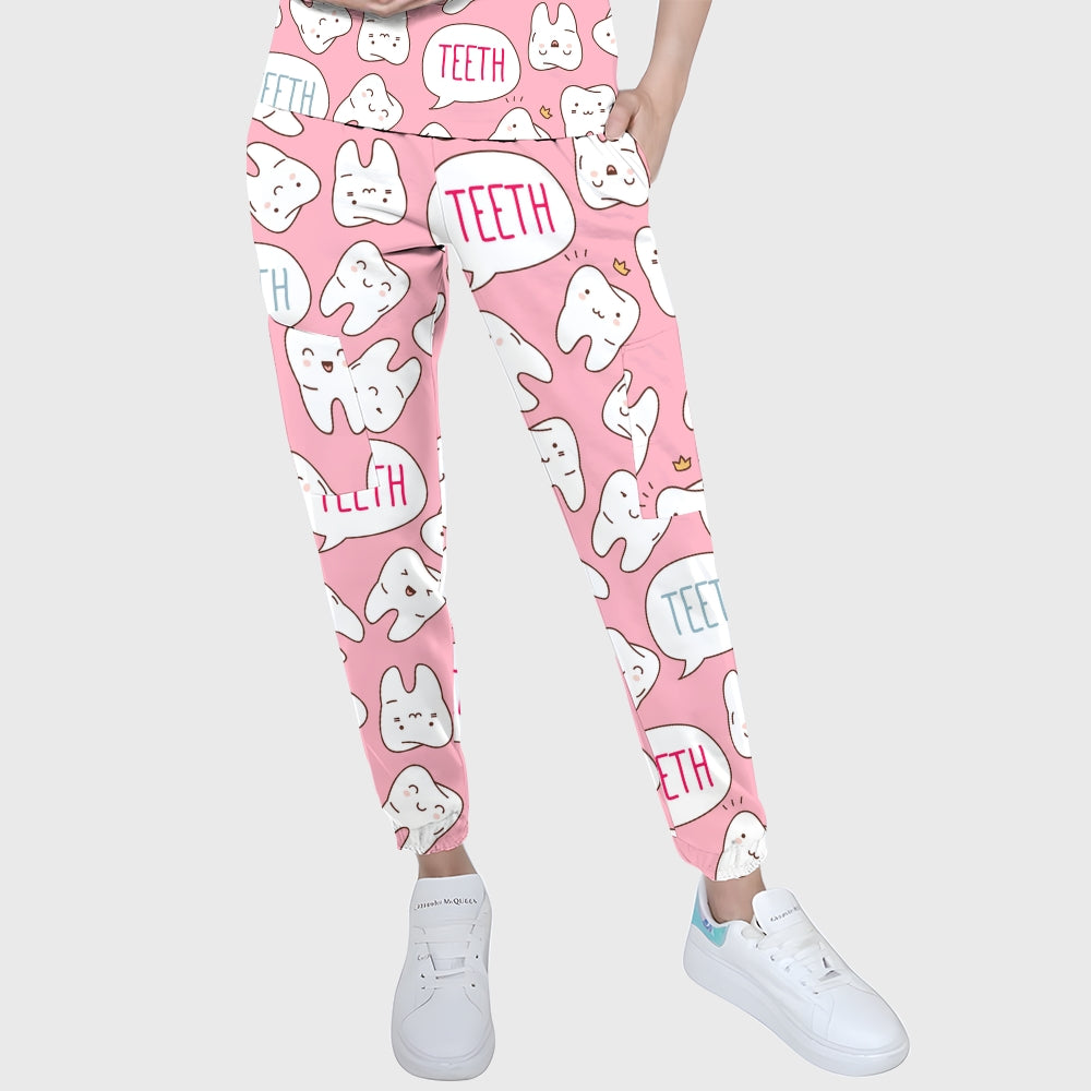 Women's Puff Sleeves Cute Teeth  Printed Scrub Set SAA20