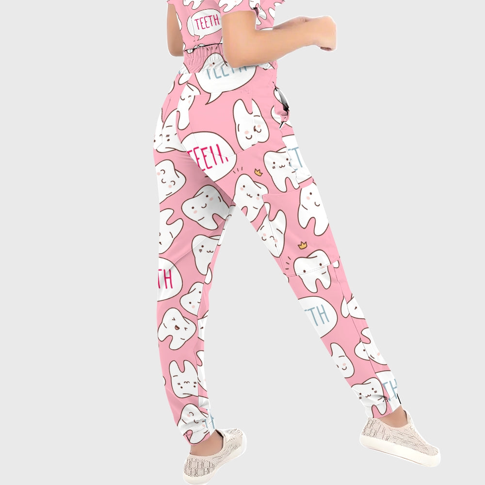 Women's Puff Sleeves Cute Teeth  Printed Scrub Set SAA20