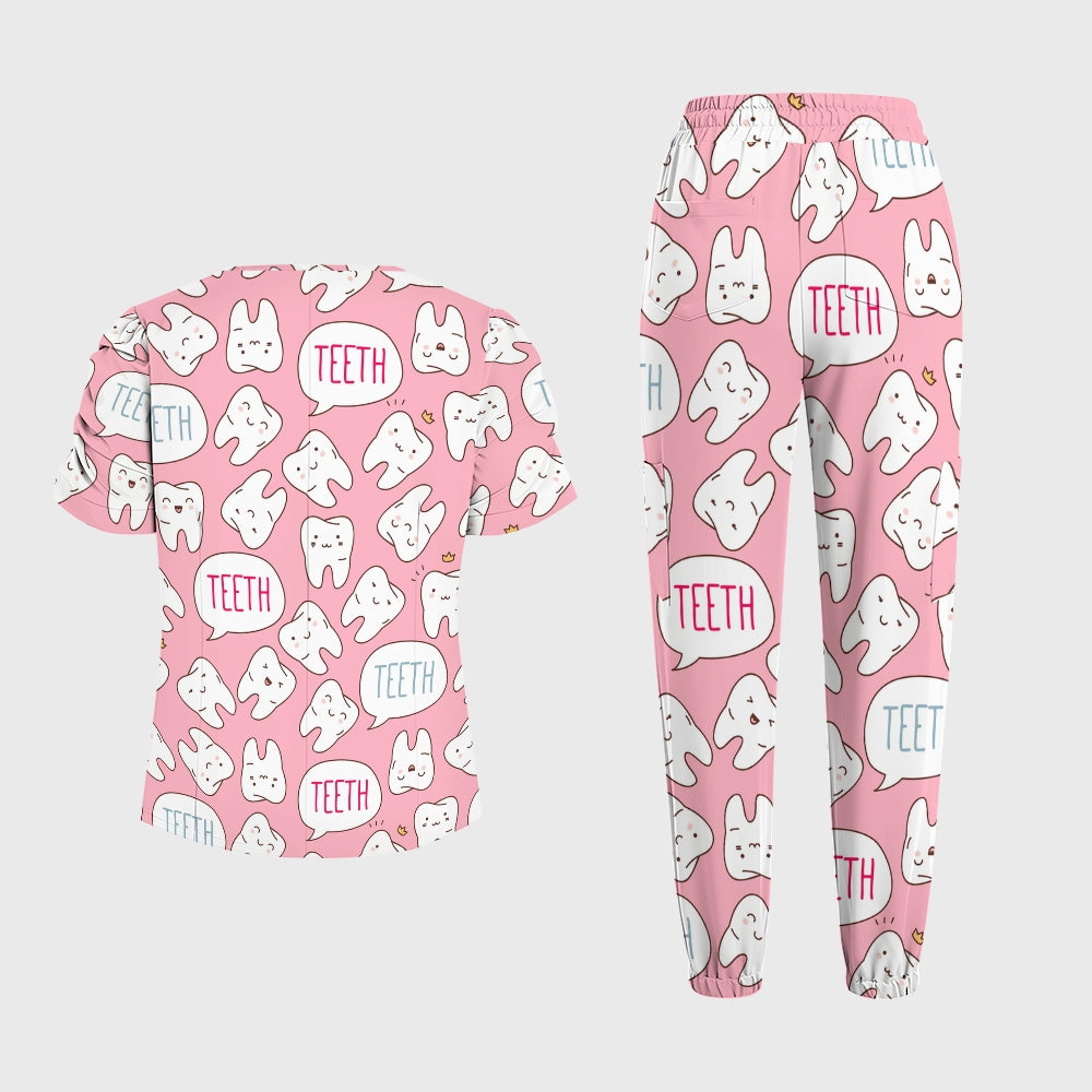 Women's Puff Sleeves Cute Teeth  Printed Scrub Set SAA20