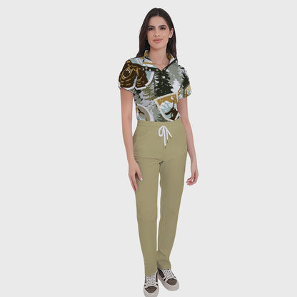 Women's Button-Down Animal Element Printed Scrub Set SSA1