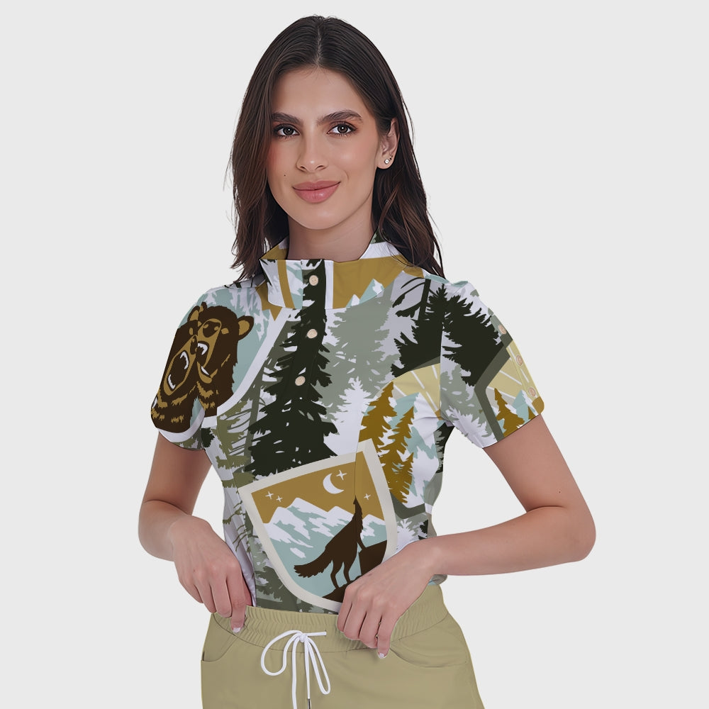 Women's Button-Down Animal Element Printed Scrub Set SSA1