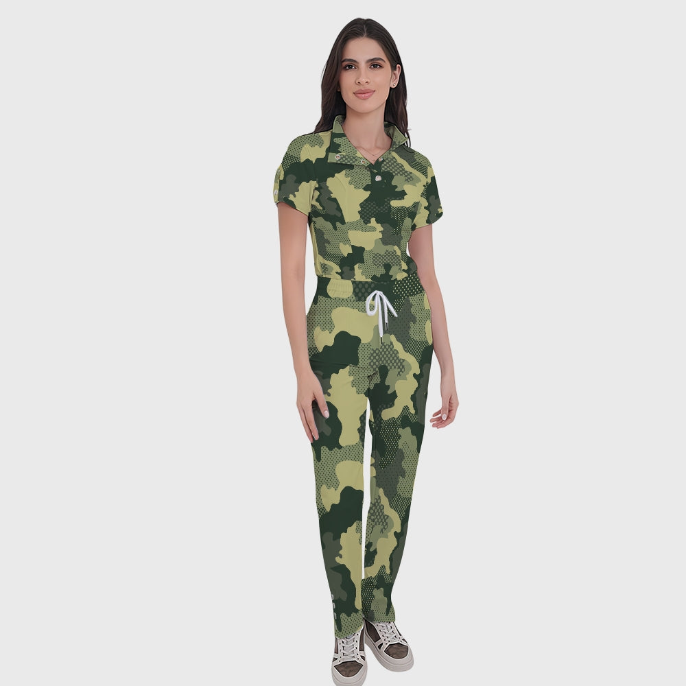Women's Button-Down Camouflage Printed Scrub Set SSA16
