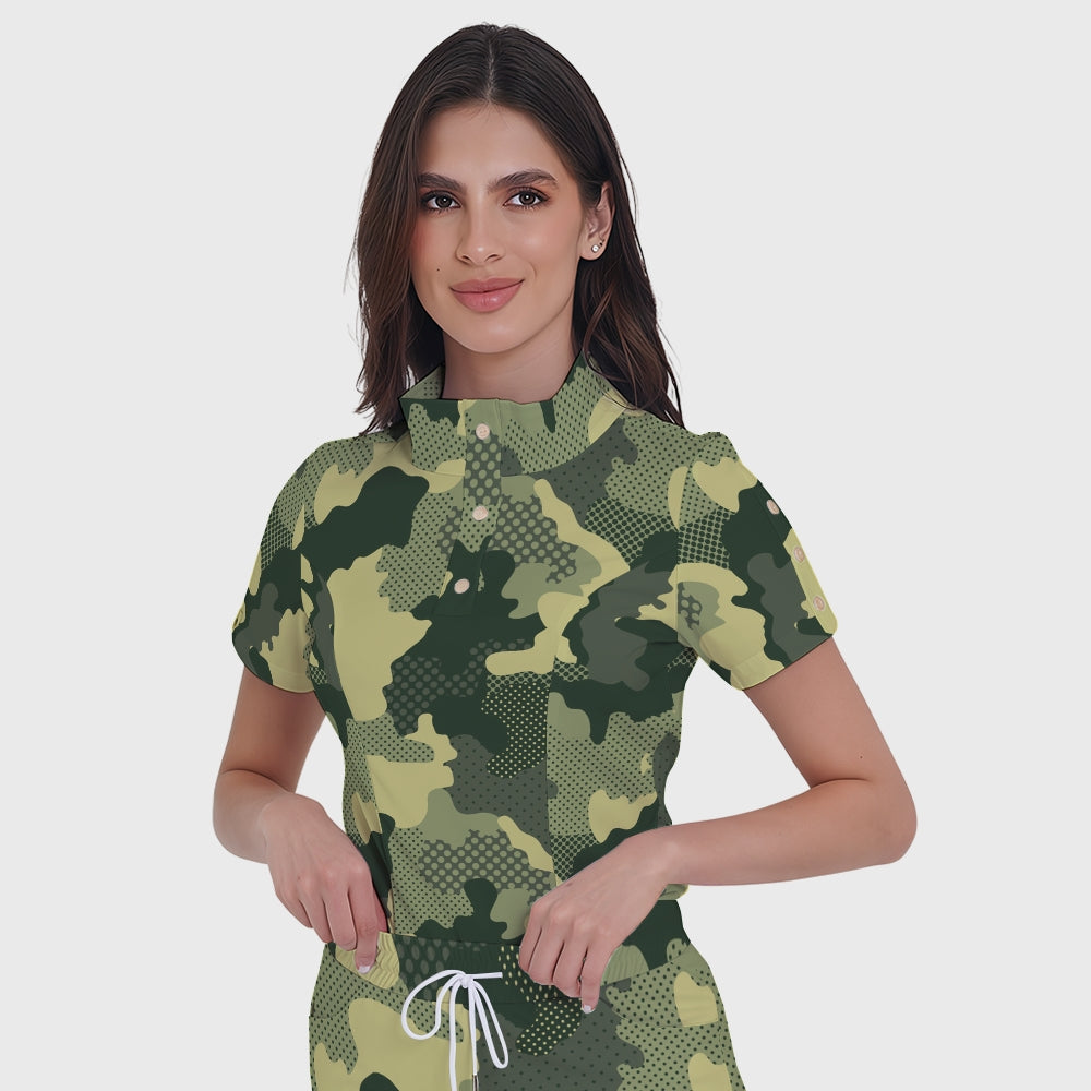 Women's Button-Down Camouflage Printed Scrub Set SSA16