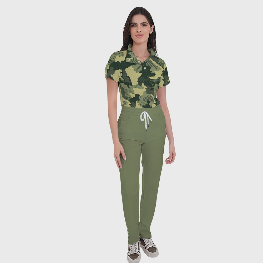 Women's Button-Down Camouflage Printed Scrub Set SSA17