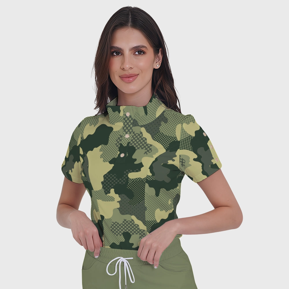 Women's Button-Down Camouflage Printed Scrub Set SSA17
