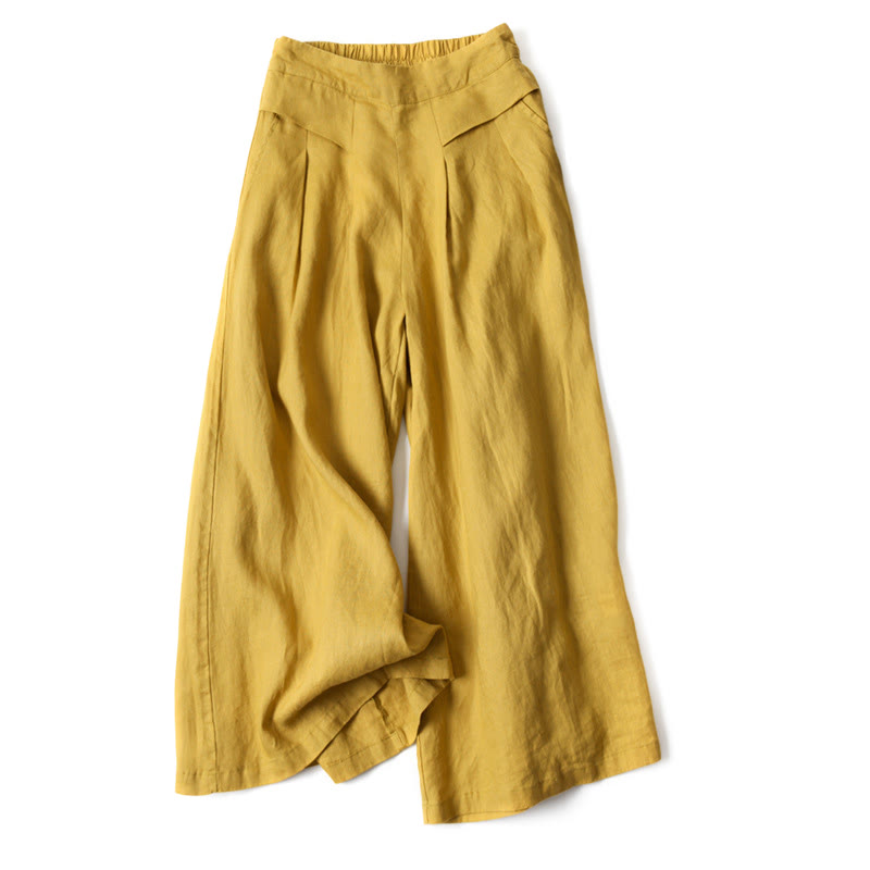 Plain Color Cotton Linen High Waist Wide Leg Pants With Pockets