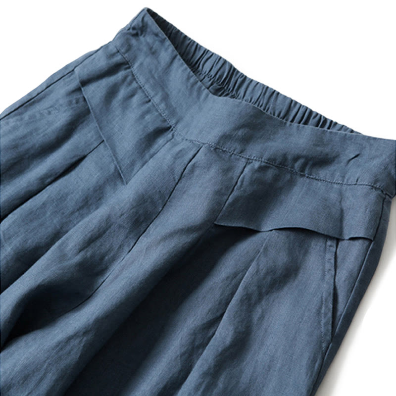 Plain Color Cotton Linen High Waist Wide Leg Pants With Pockets