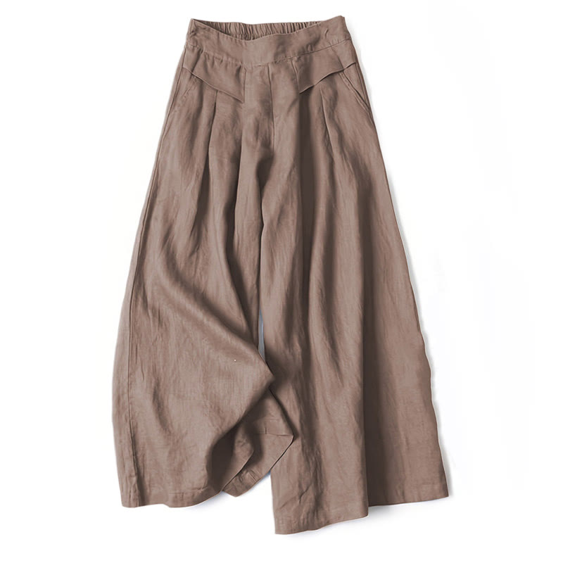 Plain Color Cotton Linen High Waist Wide Leg Pants With Pockets