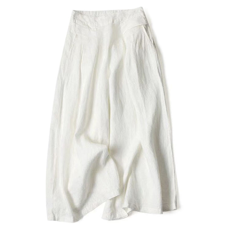 Plain Color Cotton Linen High Waist Wide Leg Pants With Pockets