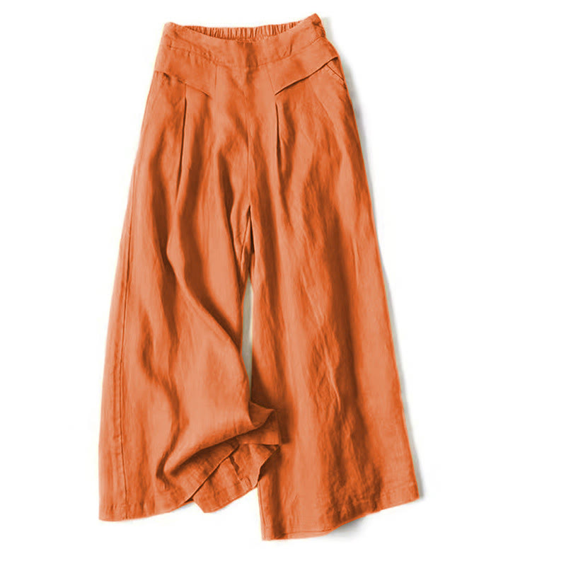 Plain Color Cotton Linen High Waist Wide Leg Pants With Pockets