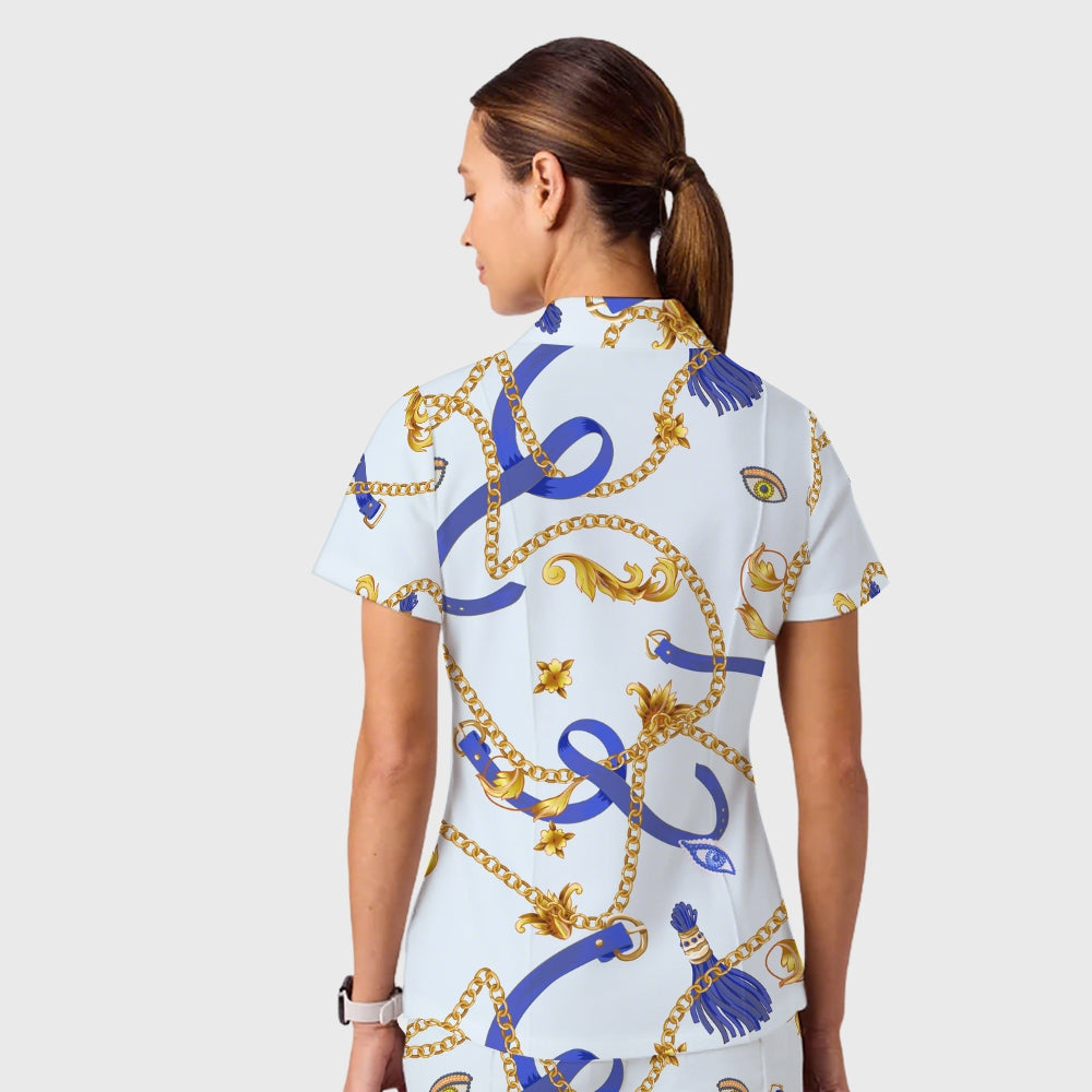 Women's Casual Shirt Collar Metal Chain Printed Scrub Set ST9121