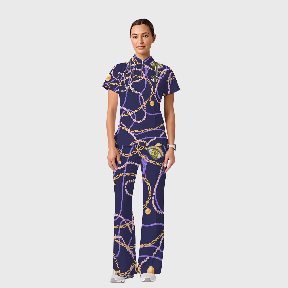 Women's Casual Shirt Collar Metal Chain Printed Scrub Set ST9122