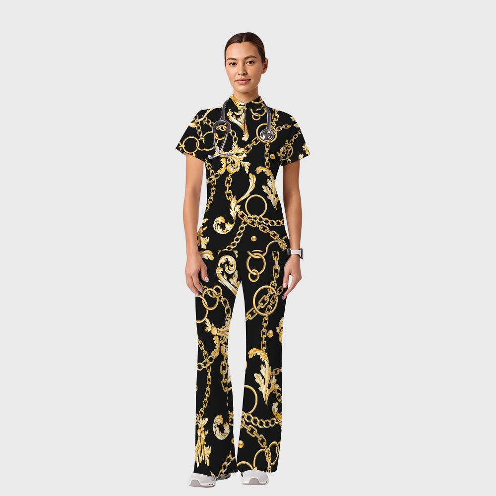 Women's Casual Shirt Collar Metal Chain Printed Scrub Set ST9123