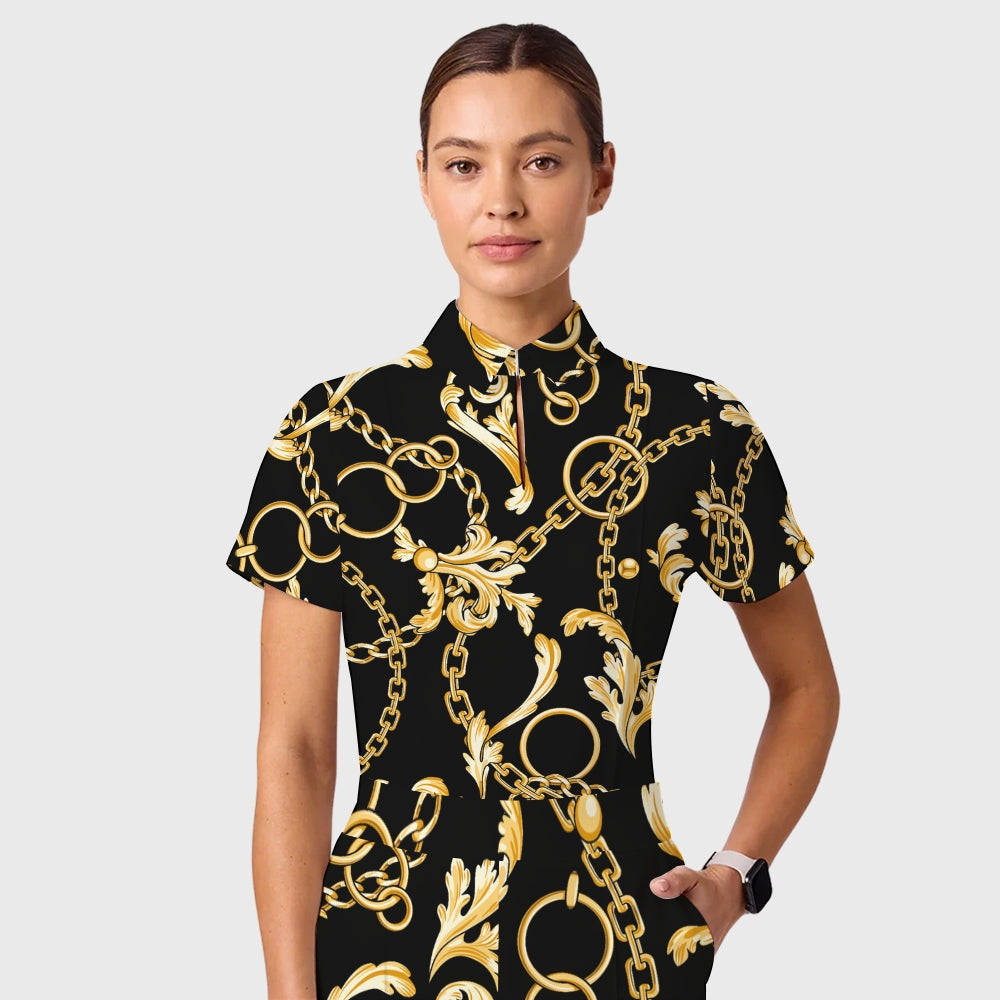 Women's Casual Shirt Collar Metal Chain Printed Scrub Set ST9123