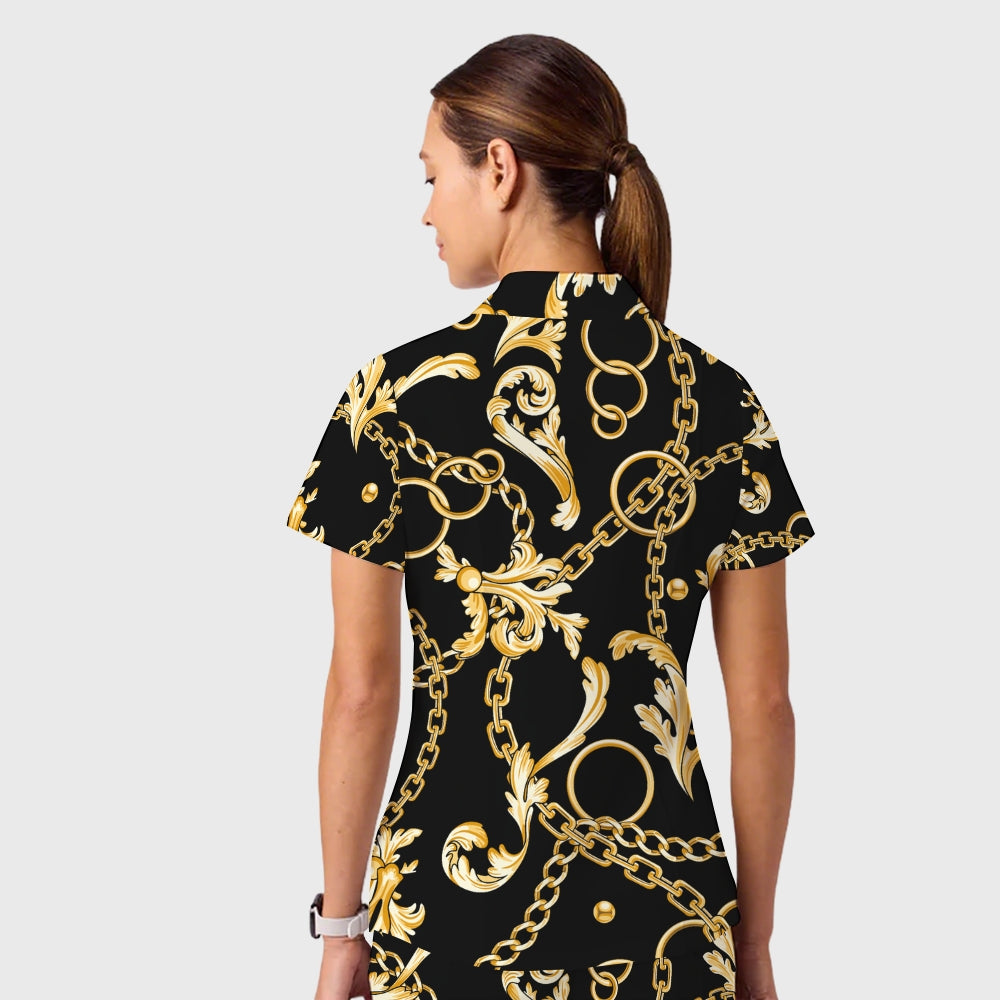 Women's Casual Shirt Collar Metal Chain Printed Scrub Set ST9123