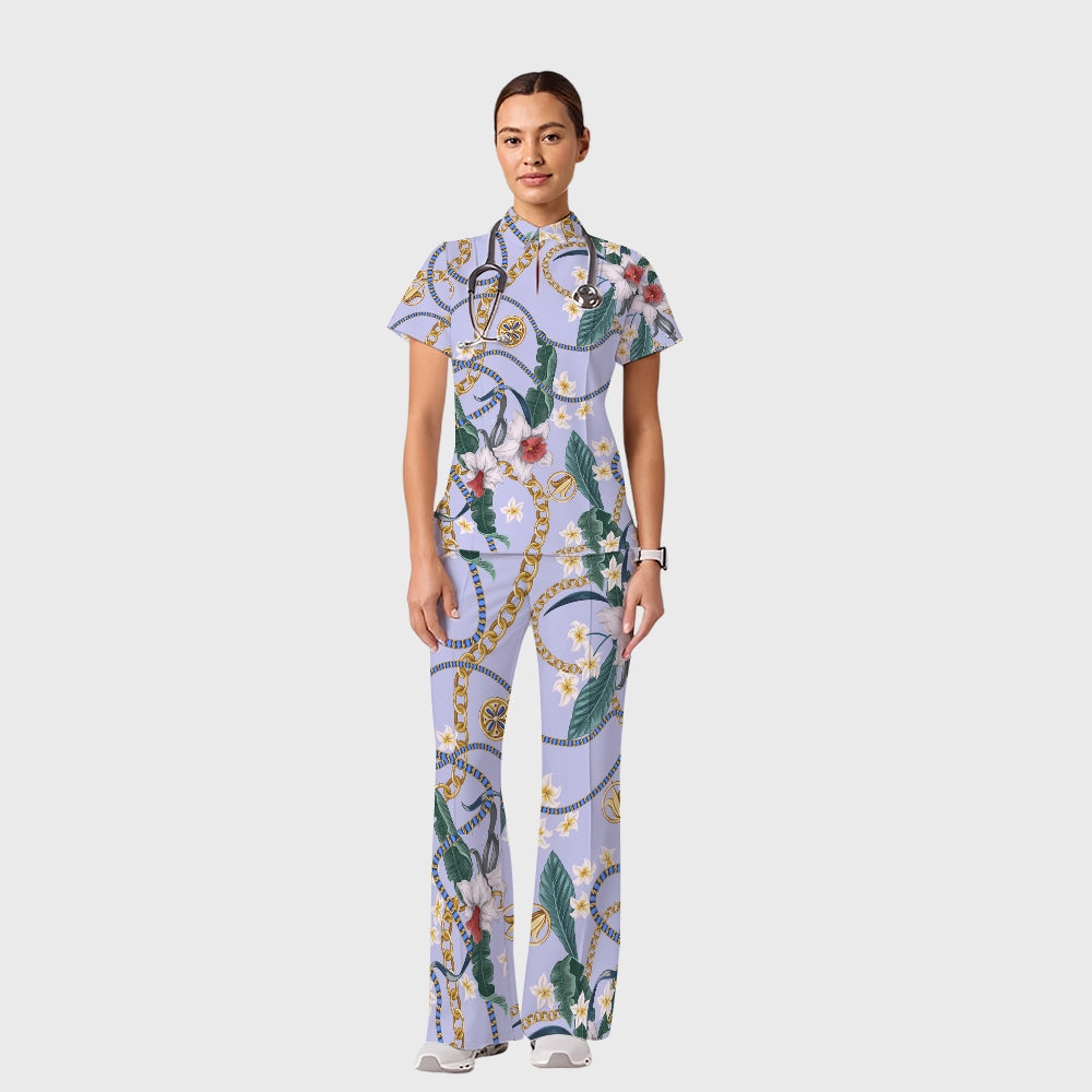 Women's Casual Shirt Collar Metal Chain Printed Scrub Set ST9126