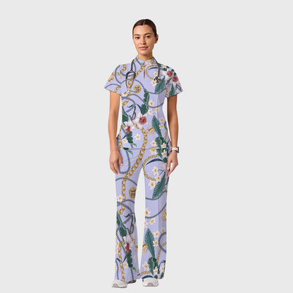 Women's Casual Shirt Collar Metal Chain Printed Scrub Set ST9126
