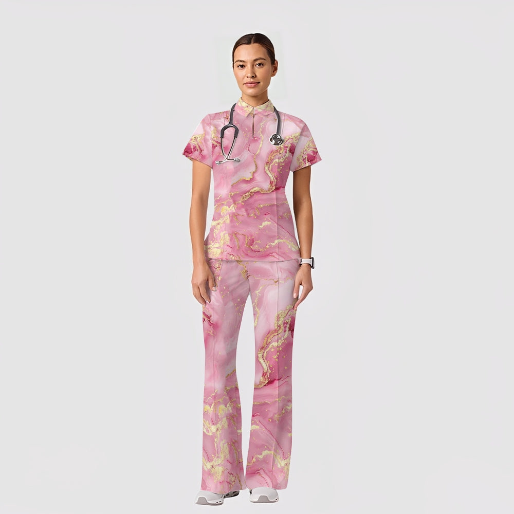 Women's Casual Shirt Collar Marble Printed Scrub Set ST9127